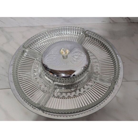 MCM Chrome Lazy Susan Glass Inserts Condiment Relish Tray Center Bowl W/Lid - Picture 1 of 9